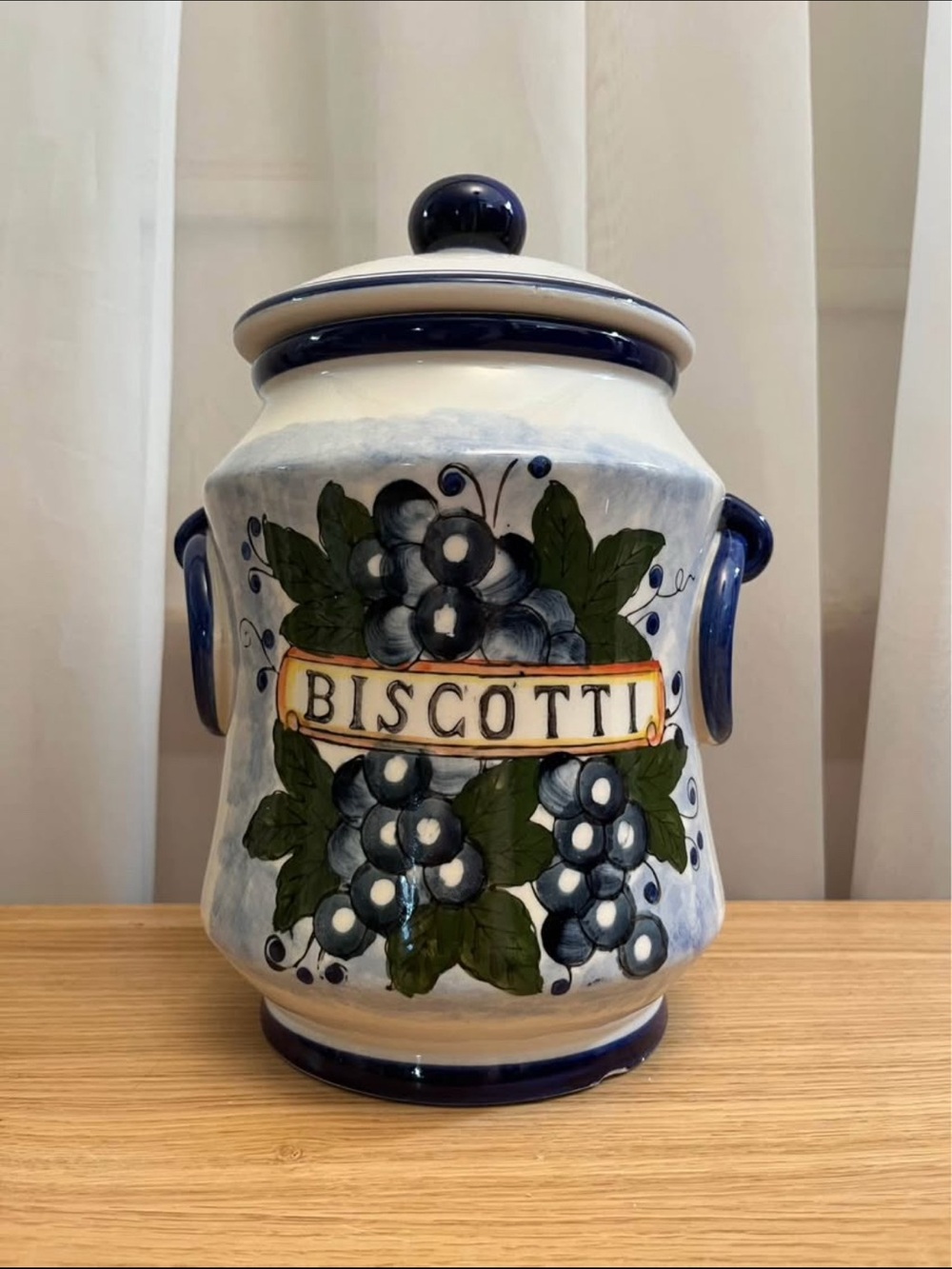 Hand-Painted Biscotti Jar with Blue Floral Motif